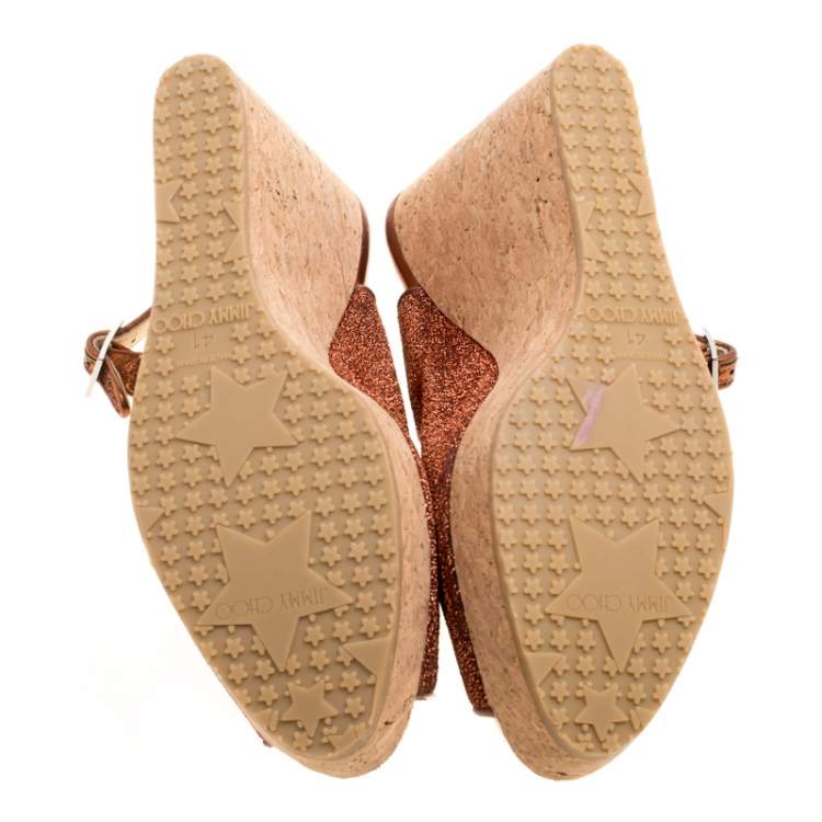 Pre Owned Jimmy Choo Metallic Pop Orange Lurex Prova Slingback Cork Wedge Sandals Size 41