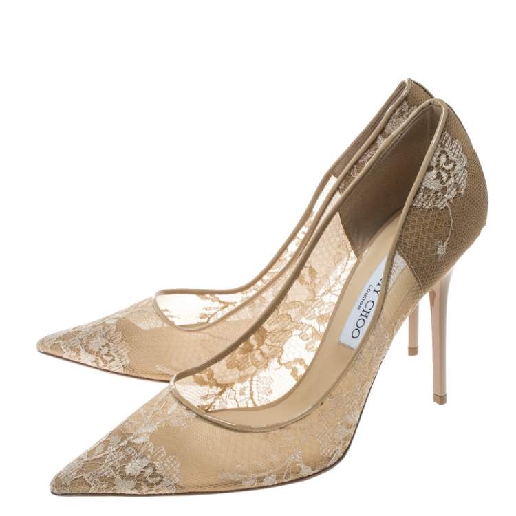 Pre Owned Jimmy Choo Beige Lace and Patent Leather Abel Pointed Toe Pumps Size 41