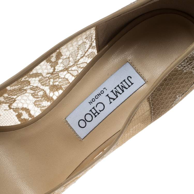 Pre Owned Jimmy Choo Beige Lace and Patent Leather Abel Pointed Toe Pumps Size 41