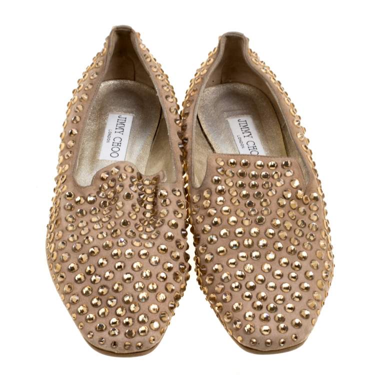 Pre Owned Jimmy Choo Beige Suede Wheel Crystal Studded Smoking Slippers Size 38.5