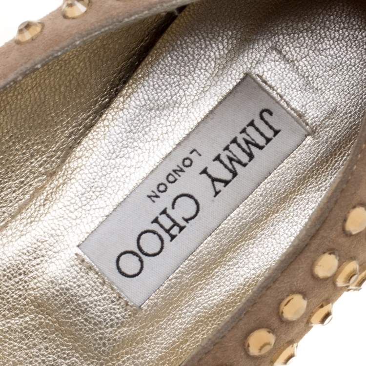 Pre Owned Jimmy Choo Beige Suede Wheel Crystal Studded Smoking Slippers Size 38.5