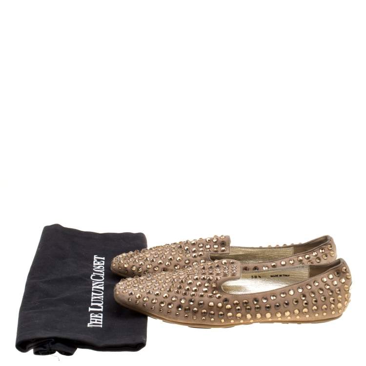 Pre Owned Jimmy Choo Beige Suede Wheel Crystal Studded Smoking Slippers Size 38.5