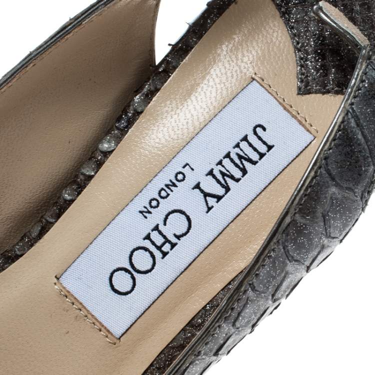Pre Owned Jimmy Choo Grey Python Peep Toe Slingback Platform Sandals Size 38.5