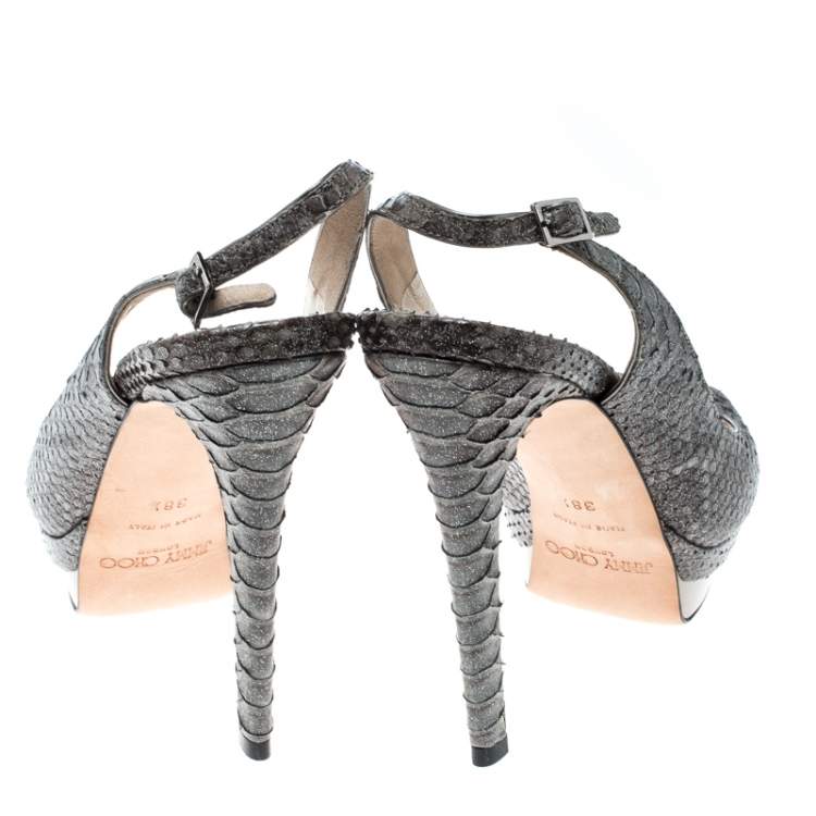 Pre Owned Jimmy Choo Grey Python Peep Toe Slingback Platform Sandals Size 38.5