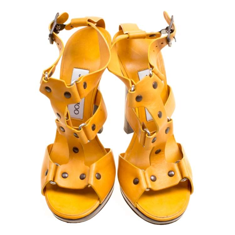Pre Owned Jimmy Choo Mustard Yellow Studded Leather Cage Sandals Size 37