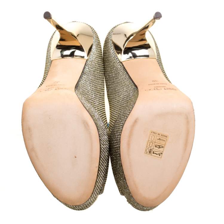 Pre Owned Jimmy Choo Metallic Gold Lamè Glitter Fabric Dahlia Platform Peep Toe Pumps Size 38