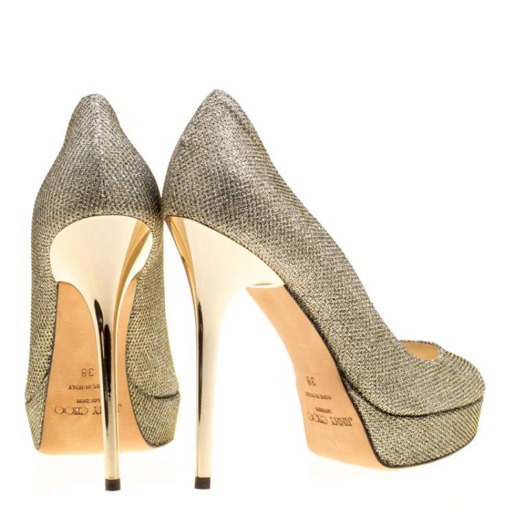 Pre Owned Jimmy Choo Metallic Gold Lamè Glitter Fabric Dahlia Platform Peep Toe Pumps Size 38
