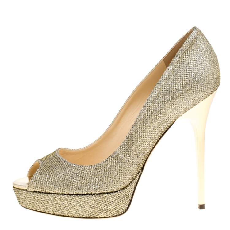 Pre Owned Jimmy Choo Metallic Gold Lamè Glitter Fabric Dahlia Platform Peep Toe Pumps Size 38
