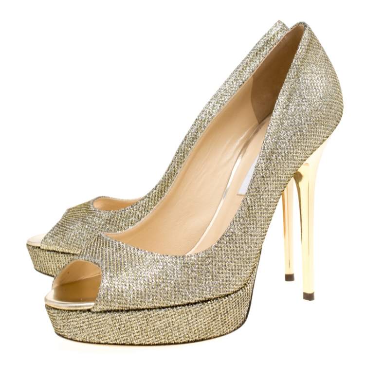 Pre Owned Jimmy Choo Metallic Gold Lamè Glitter Fabric Dahlia Platform Peep Toe Pumps Size 38
