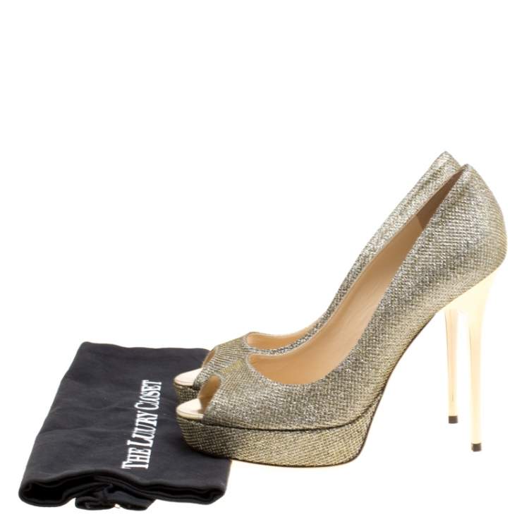 Pre Owned Jimmy Choo Metallic Gold Lamè Glitter Fabric Dahlia Platform Peep Toe Pumps Size 38