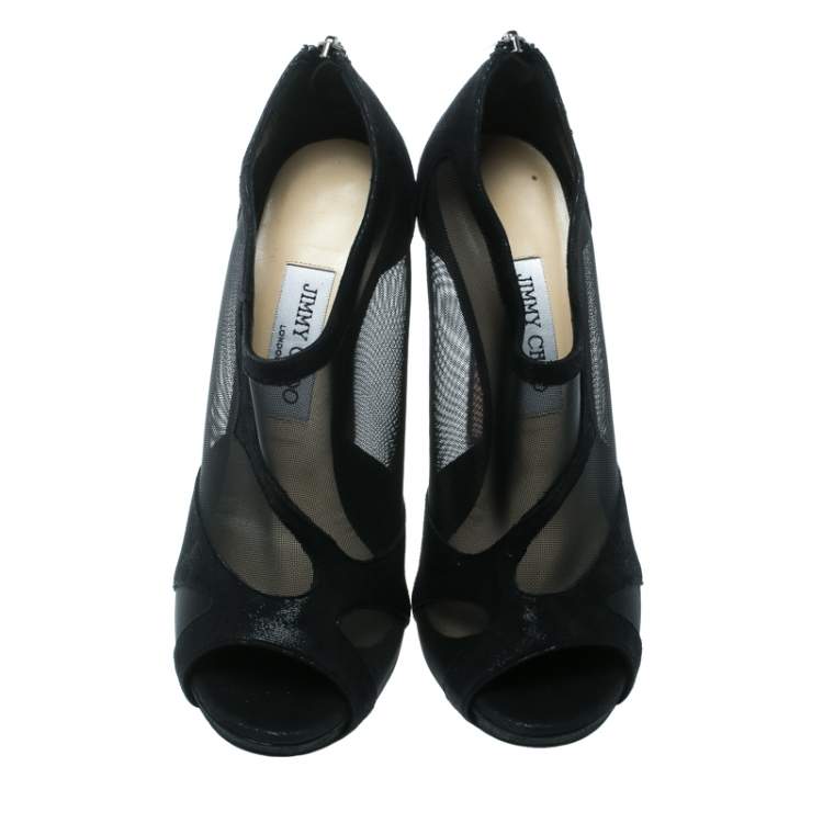 Pre Owned Jimmy Choo Black Mesh And Suede Marble Peep Toe Booties Size 38