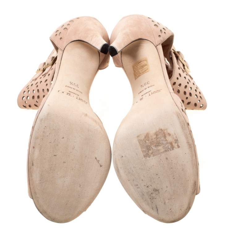 Pre Owned Jimmy Choo Peach Pink Laser Cut Suede Peep Toe Sandals Size 39.5