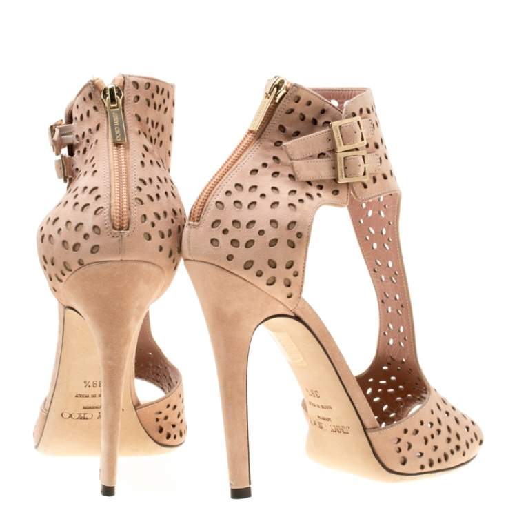 Pre Owned Jimmy Choo Peach Pink Laser Cut Suede Peep Toe Sandals Size 39.5