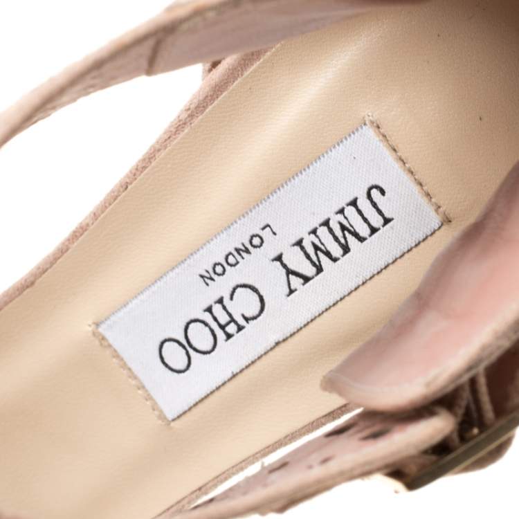 Pre Owned Jimmy Choo Peach Pink Laser Cut Suede Peep Toe Sandals Size 39.5