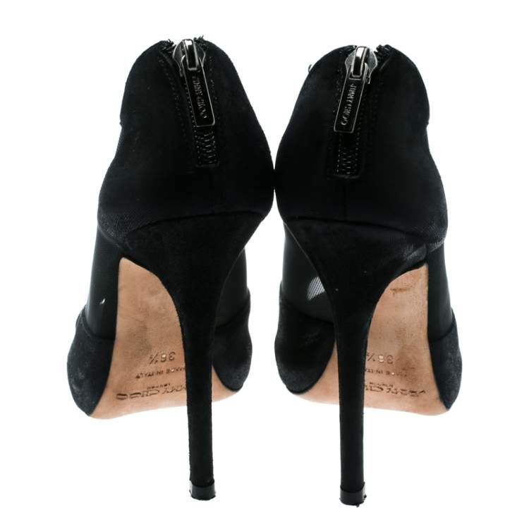 Pre Owned Jimmy Choo Black Mesh And Suede Marble Peep Toe Booties Size 36.5