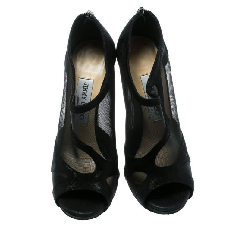 Pre Owned Jimmy Choo Black Mesh And Suede Marble Peep Toe Booties Size 36.5