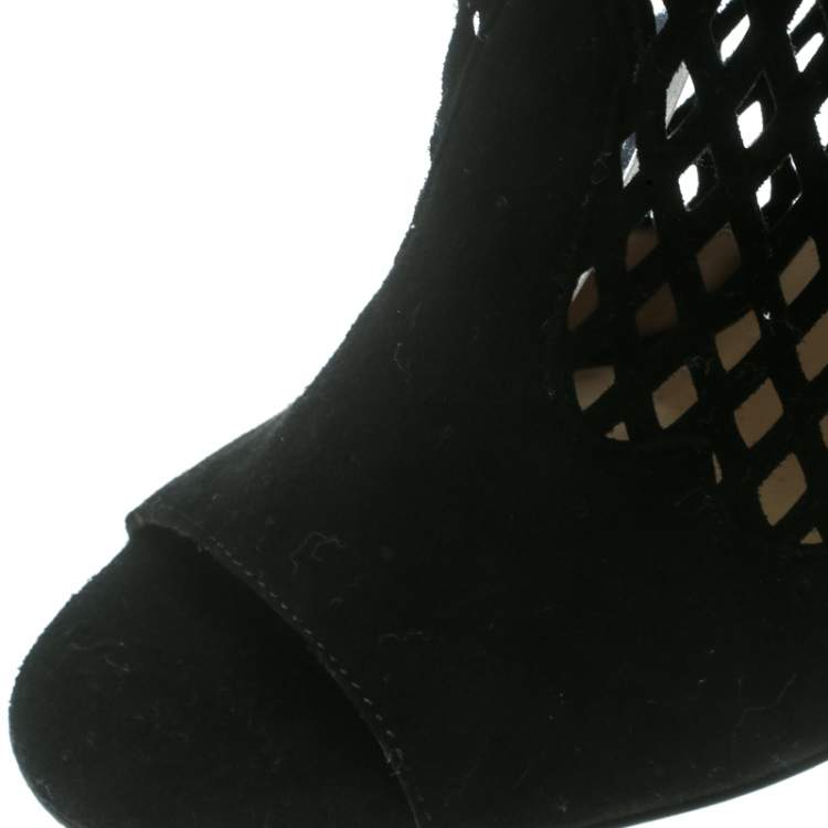 Pre Owned Jimmy Choo Black Suede Lasercut Peep Toe Ankle Boots Size 38.5