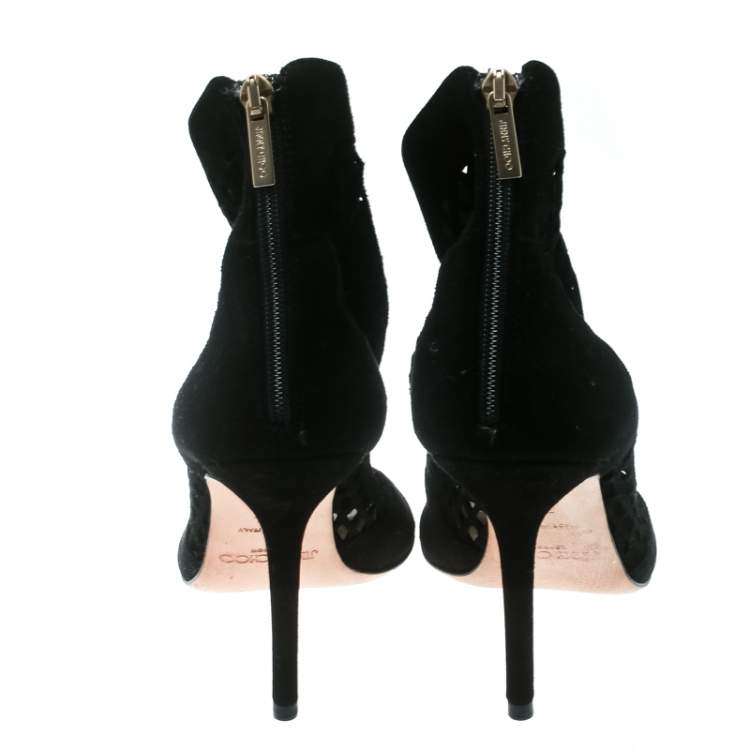 Pre Owned Jimmy Choo Black Suede Lasercut Peep Toe Ankle Boots Size 38.5