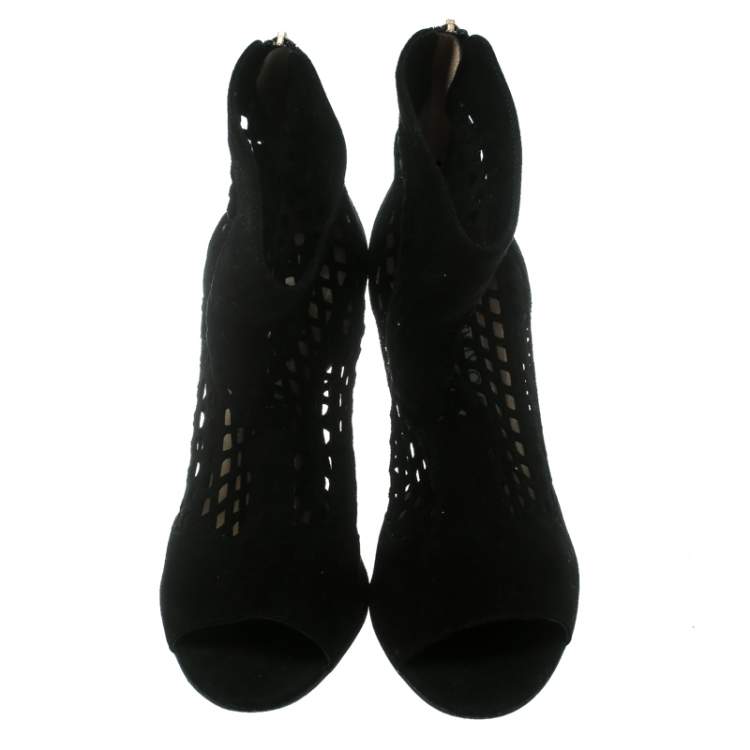 Pre Owned Jimmy Choo Black Suede Lasercut Peep Toe Ankle Boots Size 38.5