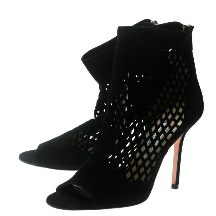 Pre Owned Jimmy Choo Black Suede Lasercut Peep Toe Ankle Boots Size 38.5
