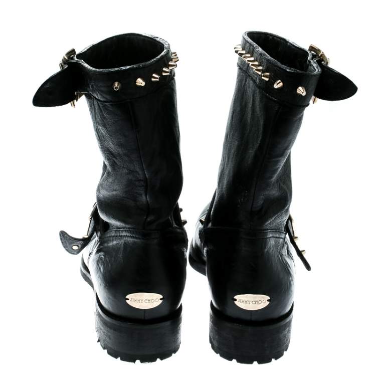 مملوكة مسبقًا Jimmy Choo Black Leather Youth Buckle Studded Ankle Boots Size 36.5