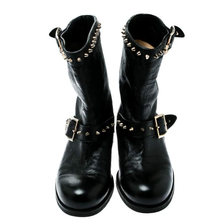 مملوكة مسبقًا Jimmy Choo Black Leather Youth Buckle Studded Ankle Boots Size 36.5