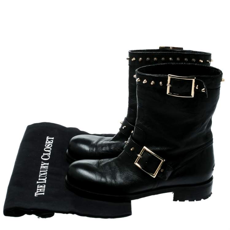 مملوكة مسبقًا Jimmy Choo Black Leather Youth Buckle Studded Ankle Boots Size 36.5