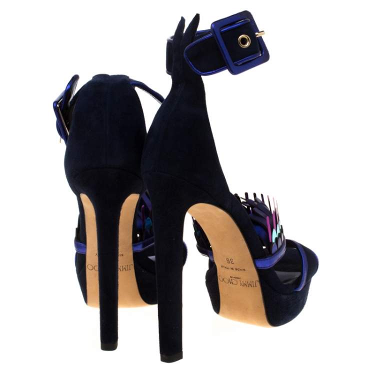 Pre Owned Jimmy Choo Navy Blue Suede Kathleen Peep Toe Ankle Cuff Sandals Size 36