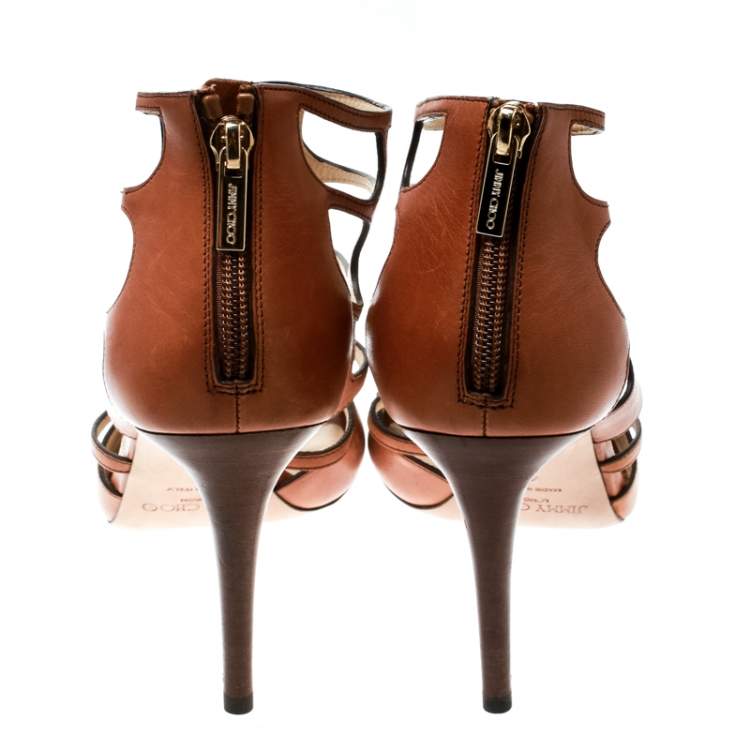 Pre Owned Jimmy Choo Brown Leather Ren Cut Out Peep Toe Sandals Size 40