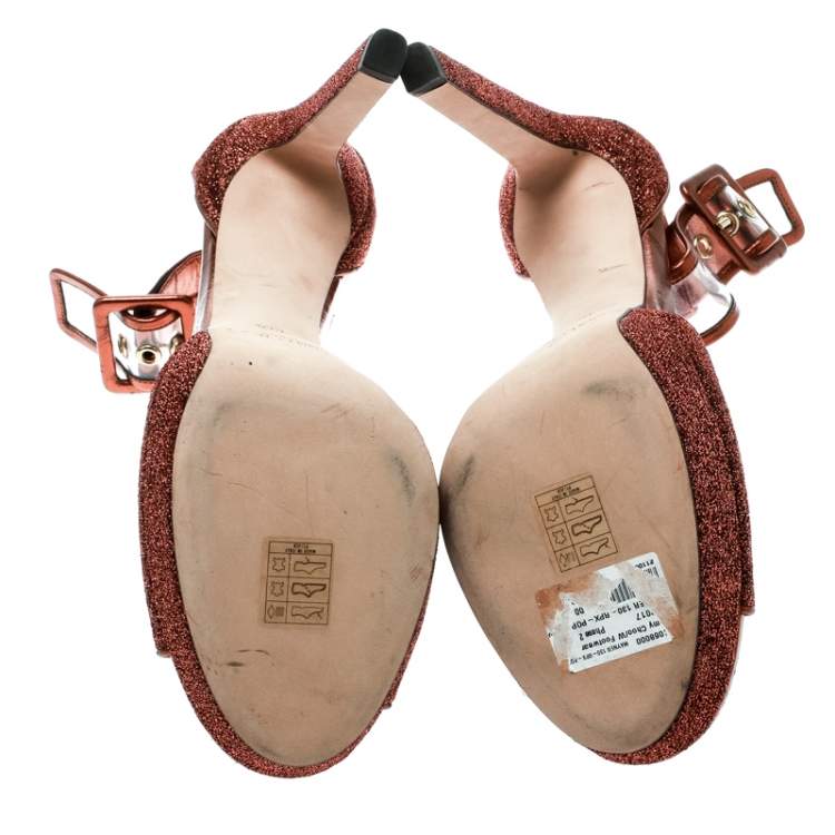 Pre Owned Jimmy Choo Pop Orange Lamè Fabric and PVC Mayner Peep Toe Ankle Cuff Sandals Size 40.5