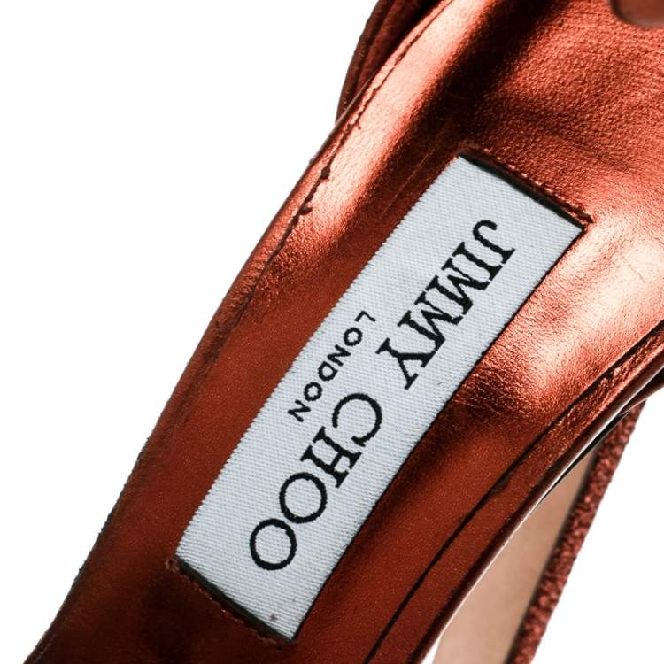 Pre Owned Jimmy Choo Pop Orange Lamè Fabric and PVC Mayner Peep Toe Ankle Cuff Sandals Size 40.5