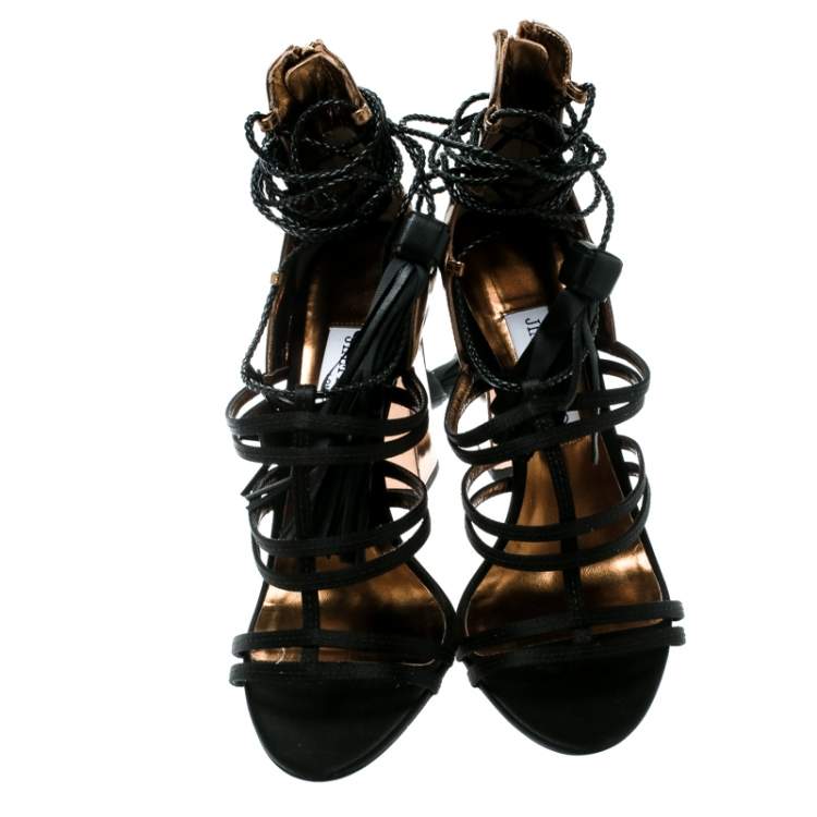 Jimmy Choo Black Satin and Metallic Bronze Leather Diamond Ankle Tie Up Sandals Size 40
