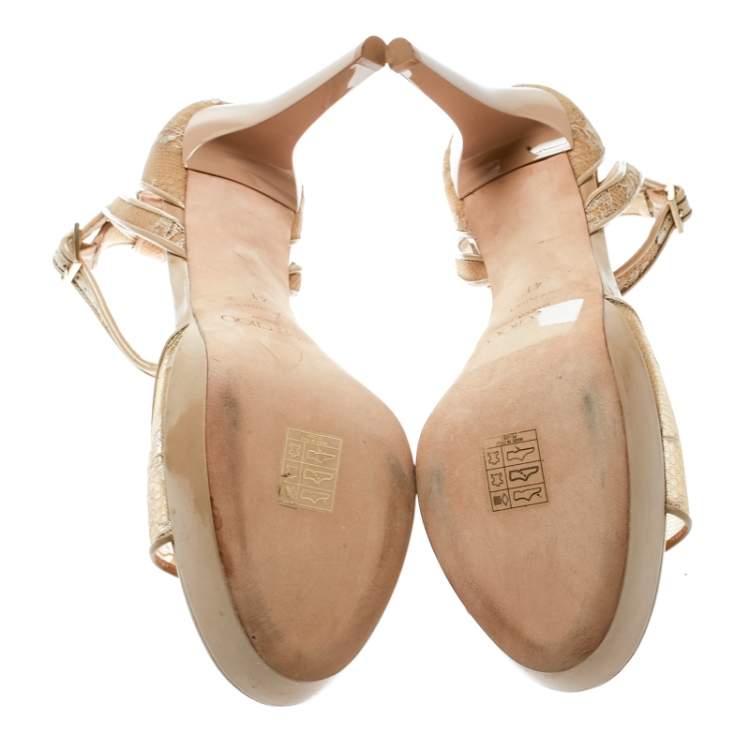 Pre Owned Jimmy Choo Beige Lace and Patent Leather Kayden Ankle Strap Platform Sandals Size 41