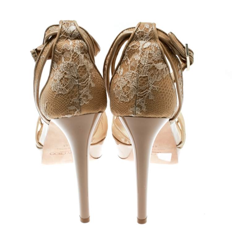 Pre Owned Jimmy Choo Beige Lace and Patent Leather Kayden Ankle Strap Platform Sandals Size 41