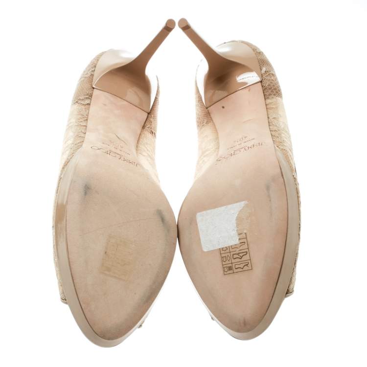 Pre Owned Jimmy Choo Beige Lace Luna Peep Toe Platform Pumps Size 40.5