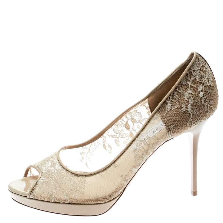 Pre Owned Jimmy Choo Beige Lace Luna Peep Toe Platform Pumps Size 40.5