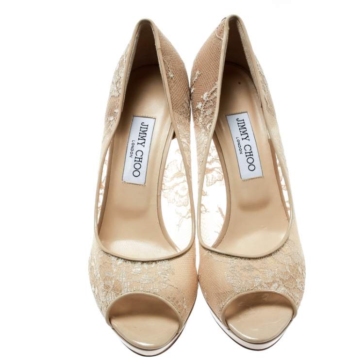 Pre Owned Jimmy Choo Beige Lace Luna Peep Toe Platform Pumps Size 40.5
