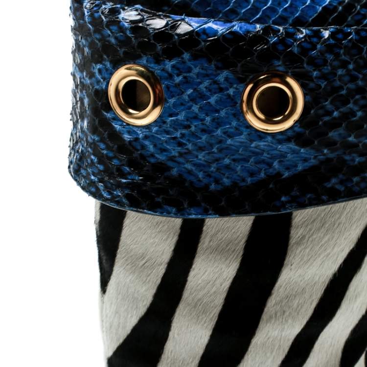Pre Owned Jimmy Choo Monochrome Zebra Print Pony Hair And Blue Snakeskin Trim Jetson Boots Size 37.5