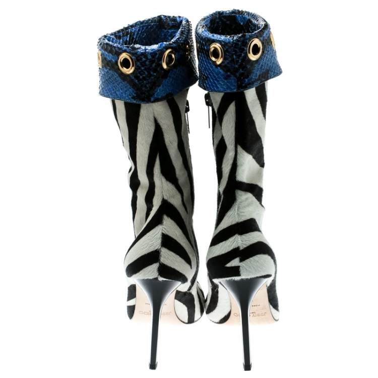 Pre Owned Jimmy Choo Monochrome Zebra Print Pony Hair And Blue Snakeskin Trim Jetson Boots Size 37.5