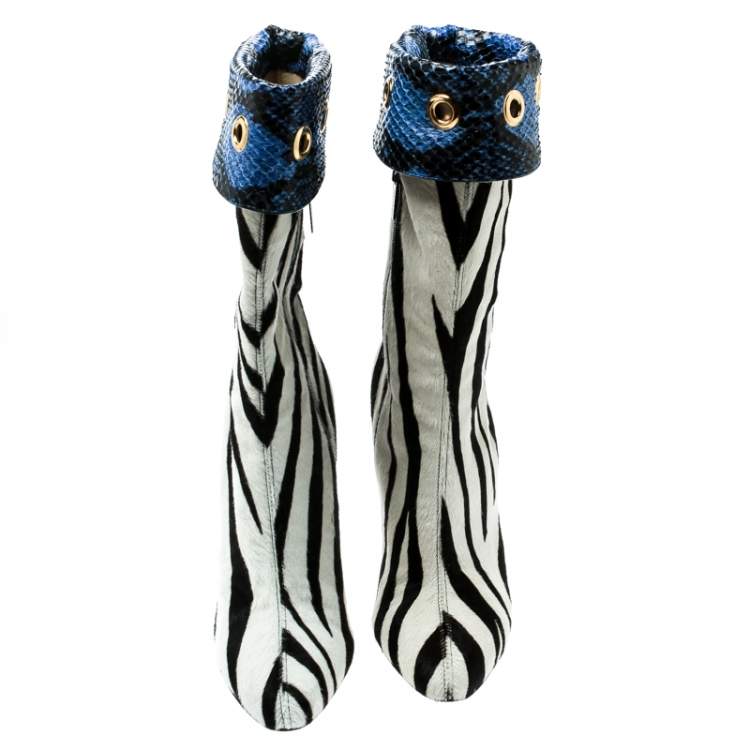 Pre Owned Jimmy Choo Monochrome Zebra Print Pony Hair And Blue Snakeskin Trim Jetson Boots Size 37.5