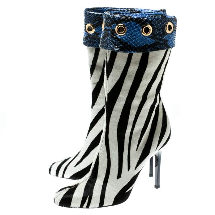 Pre Owned Jimmy Choo Monochrome Zebra Print Pony Hair And Blue Snakeskin Trim Jetson Boots Size 37.5
