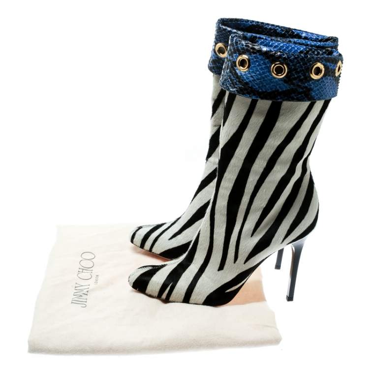 Pre Owned Jimmy Choo Monochrome Zebra Print Pony Hair And Blue Snakeskin Trim Jetson Boots Size 37.5