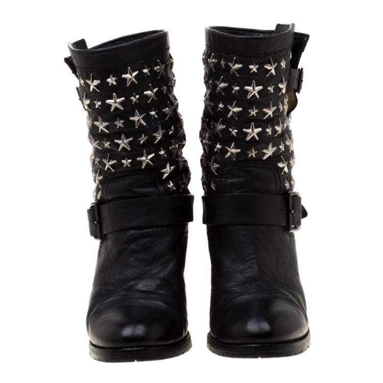 Pre Owned Jimmy Choo Black Star Studded Leather Dart Buckle Detail Block Heel Ankle Boots Size 38