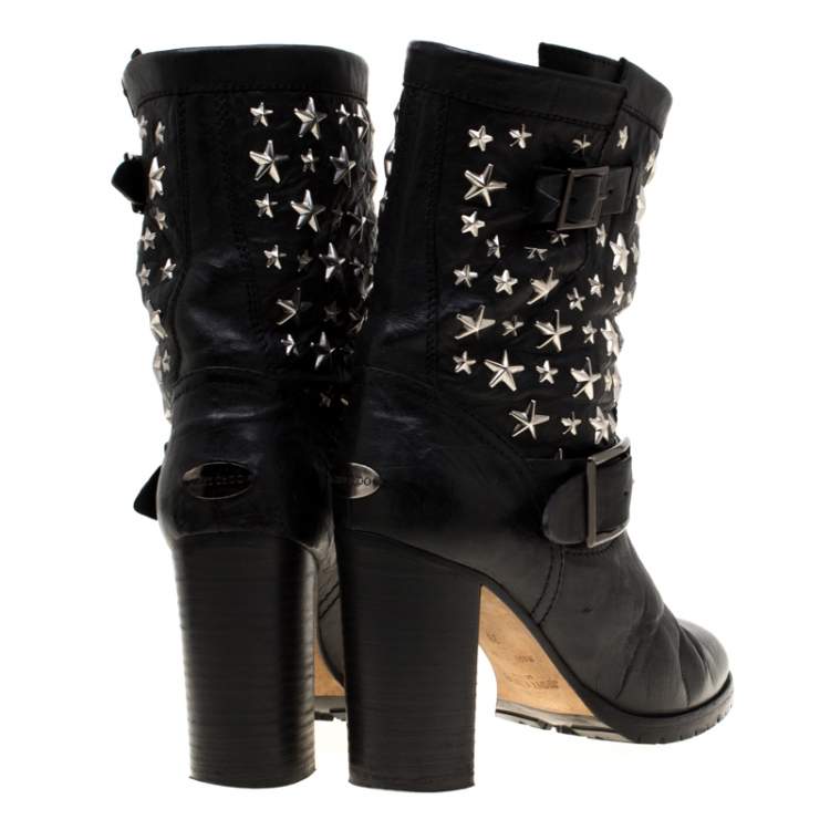 Pre Owned Jimmy Choo Black Star Studded Leather Dart Buckle Detail Block Heel Ankle Boots Size 38