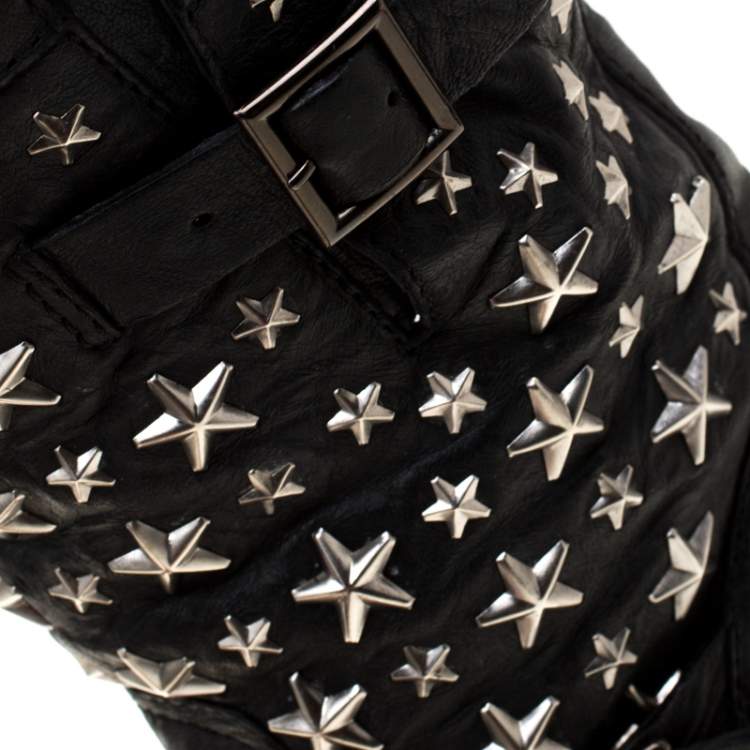 Pre Owned Jimmy Choo Black Star Studded Leather Dart Buckle Detail Block Heel Ankle Boots Size 38