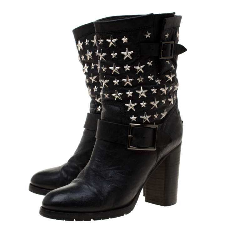 Pre Owned Jimmy Choo Black Star Studded Leather Dart Buckle Detail Block Heel Ankle Boots Size 38