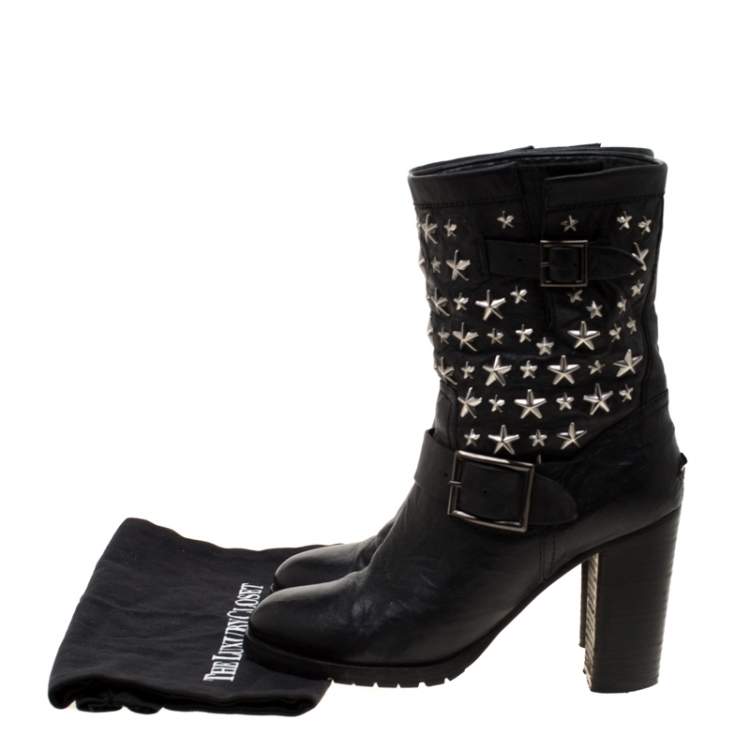 Pre Owned Jimmy Choo Black Star Studded Leather Dart Buckle Detail Block Heel Ankle Boots Size 38