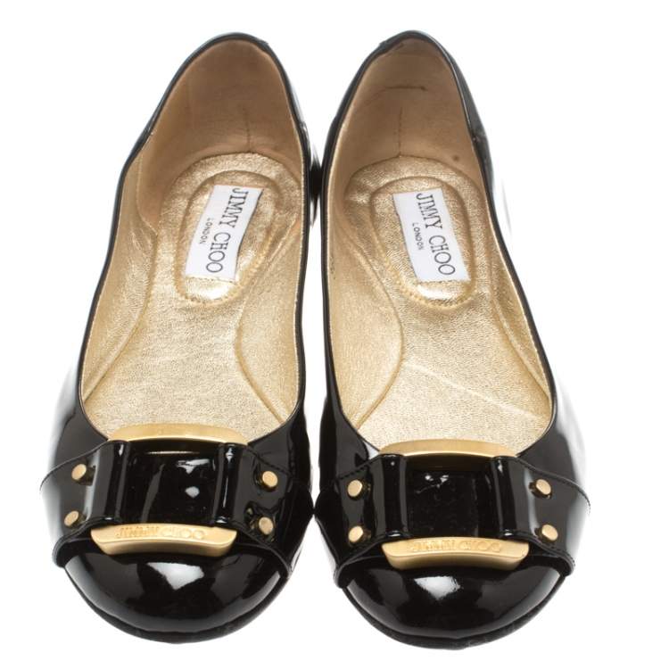 Pre Owned Jimmy Choo Black Patent Leather Morse Ballet Flats Size 36.5