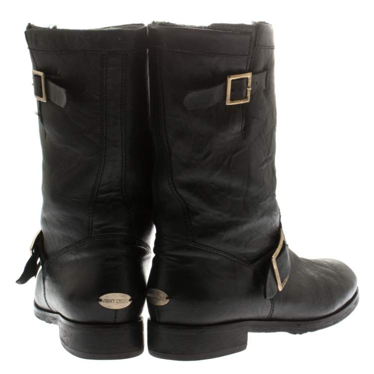 Pre Owned Jimmy Choo Black Leather Youth Biker Mid Calf Boots Size 37.5