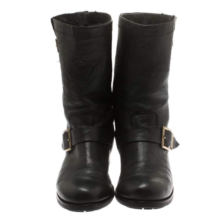 Pre Owned Jimmy Choo Black Leather Youth Biker Mid Calf Boots Size 37.5